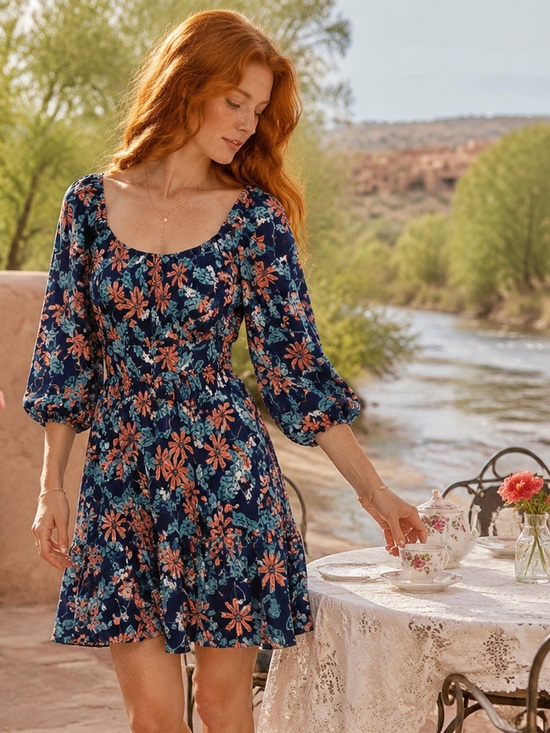 Umgee Dresses & Skirts - Umgee NWT Navy Floral Peekaboo Back Bow Boho Mini Dress M